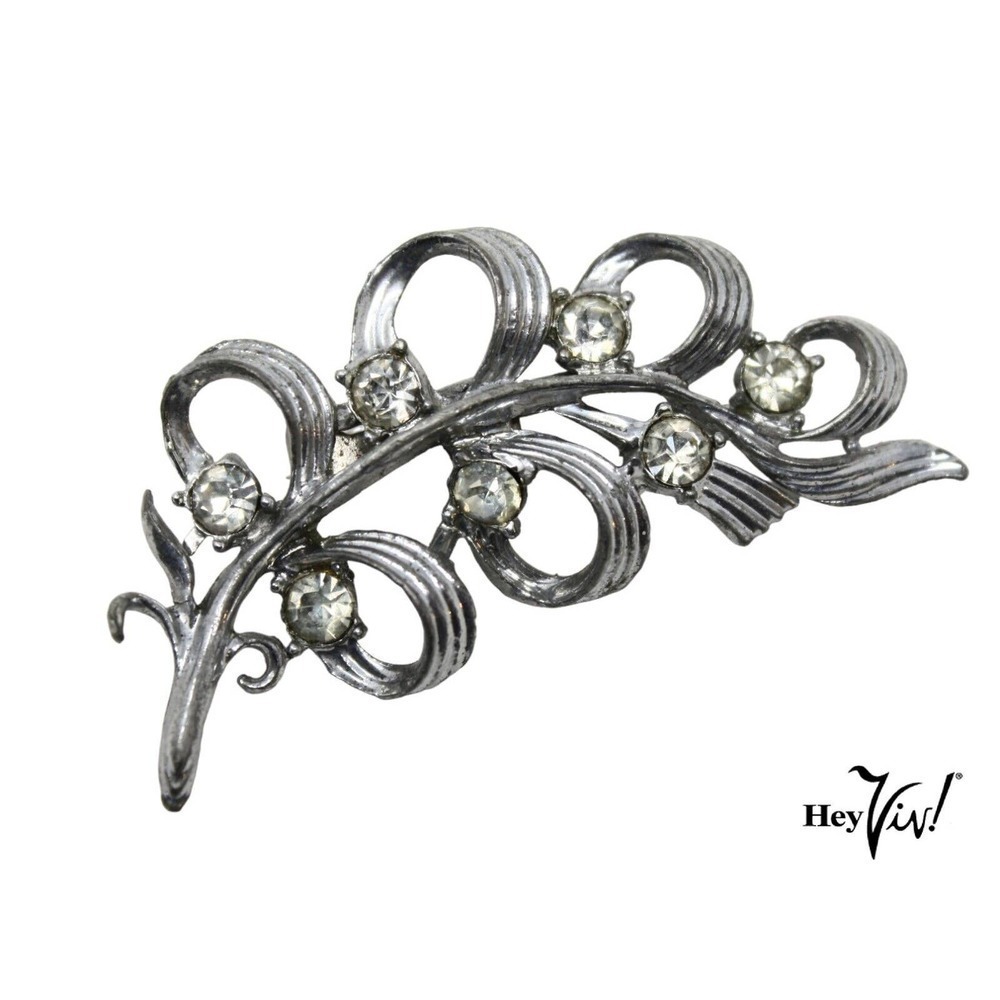 Vintage P&L Curved Looped Ribbon Pin Silver Metal Rhinestones 2" long - Hey Viv